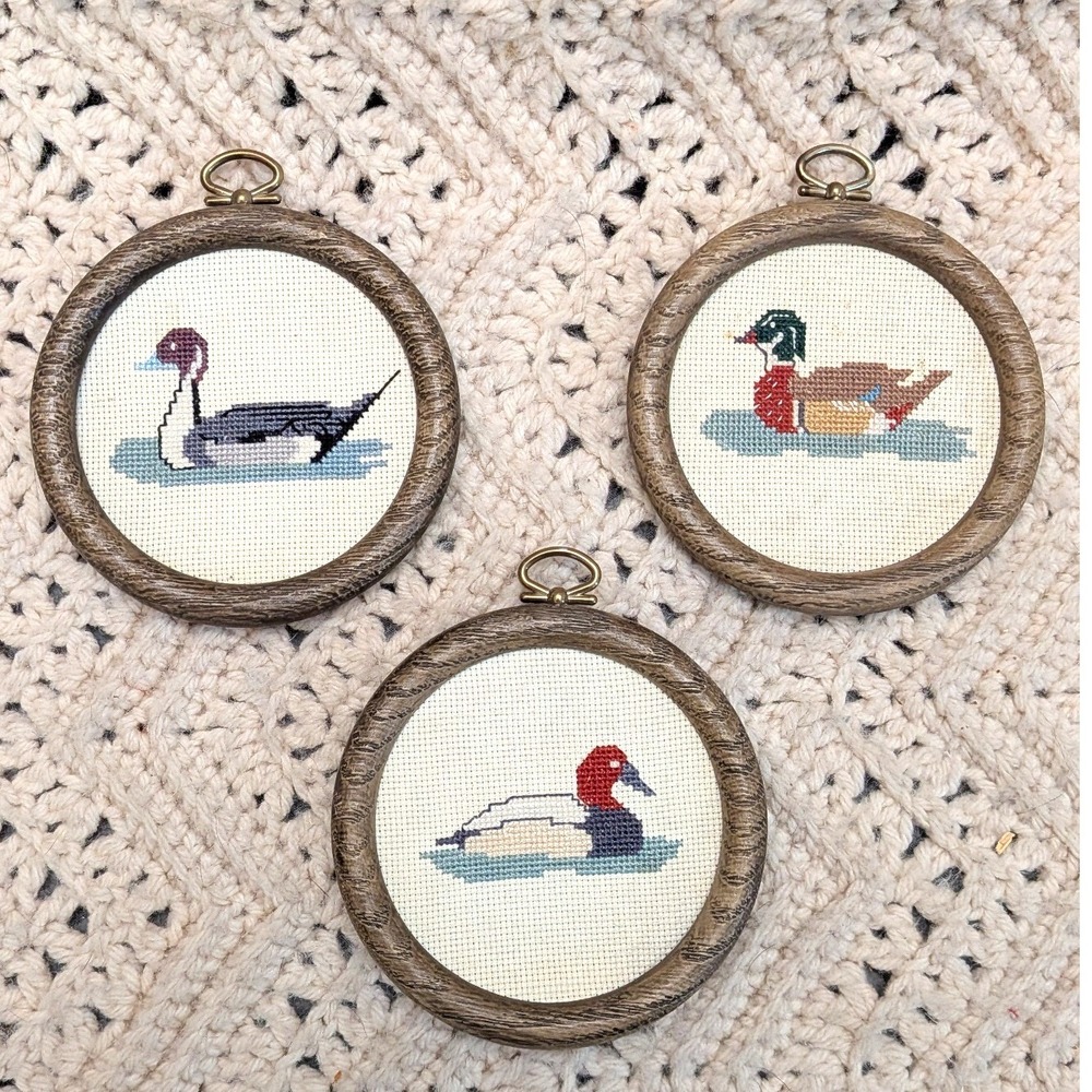 Vintage Duck Cross Stitch Wall Art Set of 3 Faux Wood Round Frames Mallard